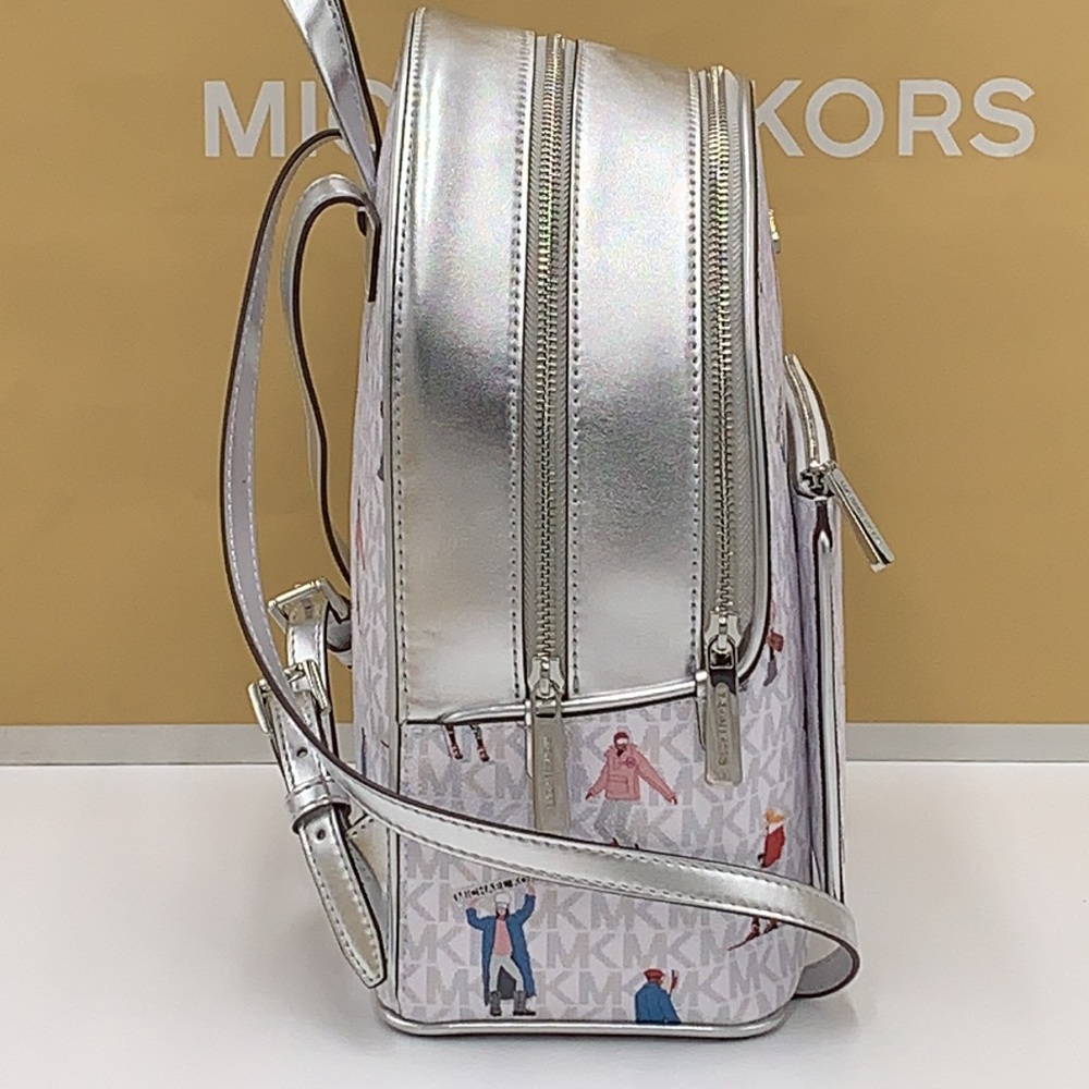 Michael Kors Jet Set Girls Adina Medium Backpack MK Bright White Silver Multi - Picture 6 of 16